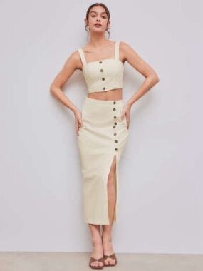 Cider Linen Square Neck Button Crop Top With High Rise Button Split Maxi Skirt 6